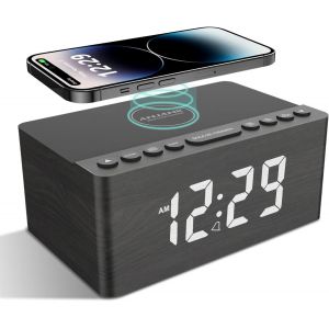 Radio R&eacute;veil Num&eacute;rique en Bois avec Radio FM,Station/Port de Charge USB sans fil Rapide Pour iPhone/Samsung Galaxy,&eacute;cran LED &agrave; Intensit&eacute; Variable,Alarm Clock avec Snooze,Alimentation Secteur - Neuf
