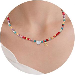 Kal-Colliers De Perles Color&eacute;es, Collier Ras Du Cou En Perles Color&eacute;es, Collier De Perles Arc-En-Ciel Avec Initialen A-Z Et Accessoires En Forme De Coeur Pour Femmes Et Filles - Neuf