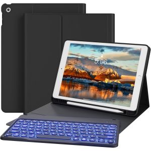 Étui Avec Clavier Pour Ipad 9/8/7 Génération (2021/2020/2019) - Coque Arrière En Tpu Souple De 10,2"" Avec Porte-Stylo, Rétroéclairage 7 Couleurs, Clavier Bluetooth Magnétique Amovible, Noir - Neuf