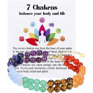 7 Chakras Bracelet Avec Perles En Pierres Naturelles Pour Femme, Bracelet En Cristaux Et Pierres Colorées 2 Couches Avec Entreto Strass Brillants Dorés 6 Mm Yoga Bracelet Réglable, Pierre - Neuf