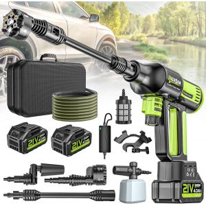JEXNOVASHOP-Pressure Washer Nettoyeur Haute Pression sans Fil 4 Vitesses Max. 120 Bar avec 2 Batteries 4,0 Ah, buse rotative 6 en 1 et 180 °,Tuyau De 5 M,Nettoyage Arrosage - Neuf