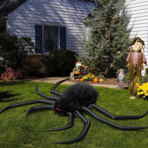 Décoration d'Halloween araignée, géante gonflable, fausse araignée poilue effrayante aux yeux rouges pour intérieur, extérieur, maison, fête, cour, maison hantée, cimetière, porche (noir) - Neuf