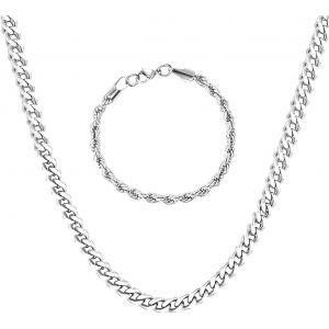 Kal-Ensemble Collier Et Bracelet En Argent Sterling 925 Pour Homme, Cha&icirc;ne Cubaine De 3 Mm, Hypoallerg&eacute;nique, Style Gothique, Steampunk, Hip-Hop. - Neuf