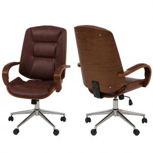 Chaise de bureau HWC-O83, chaise pivotante, fauteuil de direction, similicuir (280 g/m&sup2;) Bois courb&eacute; certifi&eacute; MVG Aspect noyerrouge-brun - Neuf