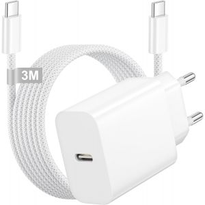 JGD-Chargeur iPhone 17 16 15 Rapide, Chargeur USB C 25W Adaptateur Prise Secteur USB C chargeur Type C Charge Rapide Charger avec Cable USB c 3M pour iPhone 17Air 17 16 15 Pro Max/16 15 Plus/iPad Air - Neuf