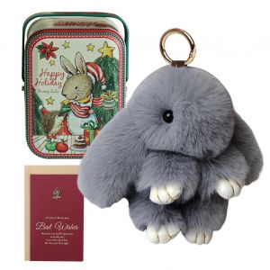 Porte-cles lapin en fourrure, adorable ensemble de pendentifs en peluche avec carte cadeau et mini boite en fer blanc - Neuf