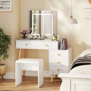 Ensemble Coiffeuse et Tabouret avec Miroir COSTWAY, Lumi&egrave;res R&eacute;glables, 5 Tiroirs, Finition Effet Marbre et Pieds en Ch&ecirc;ne, Blanc - Neuf