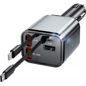 Allume Cigare USB C 69W 4 en 1 Chargeur Allume Cigare Compatible avec iPhone 17/Galaxy/Google, Chargeur Voiture R&eacute;tractable de Voyage comme Cadeau Vacances - Neuf