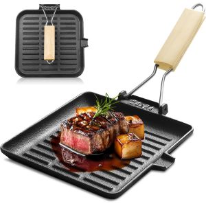 Subzonal-Po&ecirc;le &Agrave; Griller En Fonte: 24 X 24 Cm Noire Po&ecirc;le &Agrave; Steak, Po&ecirc;le &Agrave; Griller Antiadh&eacute;sive Avec Poign&eacute;e En Bois Pliable, Po&ecirc;le &Agrave; Griller Avec Bec Verseur, Po&ecirc;les Carr&eacute;es En Fonte, Po&ecirc;le &Agrave; Frire - Neuf