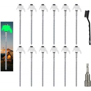 Eryi-12x Piquets De Tente À Visser Avec Effet Lumineux, Sardine À Visser Pour Camping Avec Adaptateur Fileté Et Brosse Métallique, Pour Camping, Blanc - Neuf