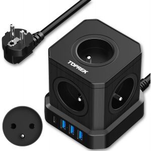 Multiprise USB Cube, Cube Rallonge Multiprise 2M avec 5 Prises AC Fran&ccedil;aise, 1 USB C(20W PD3.0) et 3 USB A, 1 Interrupteur, 4000W/16A, France Voyage Bureau &agrave; Domicile Power Board, Noir - Neuf