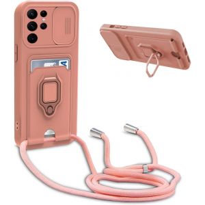 Kal-Coque Avec Cordon Pour Samsung Galaxy S22 Ultra 5g,Collier Pour Étui Colliers De Cellulaire Réglable Corde Silicone Souple Case,Protection De La Caméra,Support,Porte Cartes - Pink - Neuf