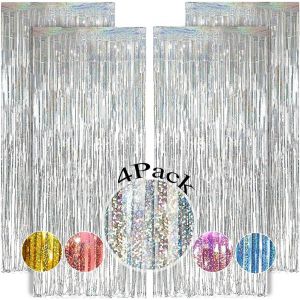 Rideau Métallique de Frange Argenté 1x2.5m-4Pcs Rideau Frange Argenté,Rideau Paillette Anniversaire pour Noel Decoration Disco Rideau Brillant Fête - Neuf