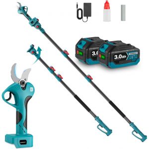 NouvelHorizonstore-S&eacute;cateur t&eacute;lescopique sans fil 2 en 1-45 mm - Avec batteries 2 x 3,0 Ah - Avec tige t&eacute;lescopique de 1.3 &agrave; 2,3 m - Lames en acier SK5 - T&ecirc;te rotative &agrave; 180&deg; - S&eacute;cateur sans fil pour - Neuf