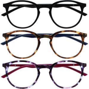 Lunettes De Lecture Anti-Lumière Bleue Pack De 3 Montures Rondes Et Minces Charnières À Ressort Améliore Le Sommeil Jeux Ordinateur Noir Marron Violet Hommes Femmes Bbb60-125 +2.50 - Neuf