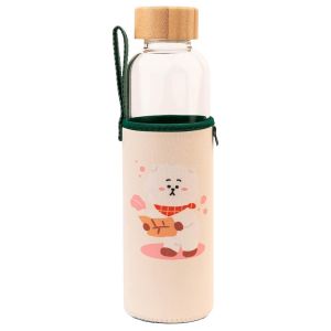 Gourde En Verre 500ml R&eacute;utilisable Motif Rj Avec &Eacute;tui Line Friends Bt21 Blanc / Vert - Neuf