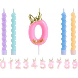 Chenquansarl-Bougie D'anniversaire Rose 0 Avec Noeud Papillon, Bougie Chiffre 0 Avec 4 Bougies En Spirale Macaron Pour D&eacute;coration De G&acirc;teau Sur Le Th&egrave;me De La Souris - Neuf