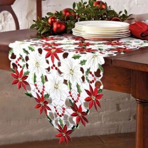 1pc De No&euml;l Brod&eacute; Table Runner, Poinsettia, Feuilles De Houx, Des Nappes, Des - Neuf
