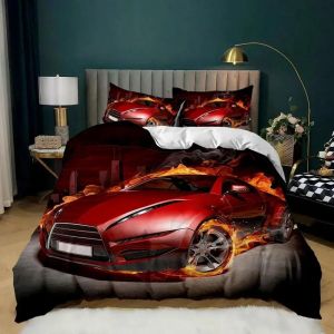 Parure De Lit Double Avec Housse De Couette Et Motif De Voiture De Course, Motif Flamme Rouge Ardente, Motif Voiture De Sport 3d, King Size, 2/3 Pieces, Housse De Couette En Polyester - Neuf