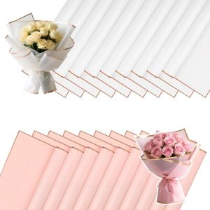 KALANKA-20 Feuilles Papier Bouquet de Fleur Rose et Blanc avec Bordure Dor&eacute;e, Papier Fleuriste &Eacute;tanche Imperm&eacute;able, Papier Emballage Fleuriste avec Ruban, Carte et Ciseaux, Papier Cadeau Fleurs - Neuf