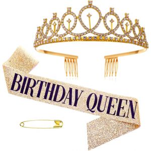 Kal-Couronne Anniversaire,Couronne Strass Avec Ceinture Echarpe¿Birthday Queen¿,Cristal Tiara Kit Pour Fille Femme Décoration De Fête,Or - Neuf