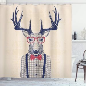 Rideau De Douche Tendance, Cerf Avec N?Ud Humoristique Jazz, Ensemble De Décoration De Salle De Bain En Tissu Avec Crochets, Avec 12 Crochets, 180 Cm X 180 Cm, Corail Indigo Foncé - Neuf