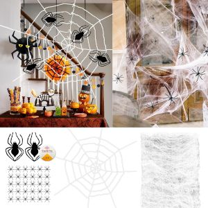 CAUC-Kit de d&eacute;coration d'Halloween, toile d'araign&eacute;e extensible de 300 g, grande toile d'araign&eacute;e blanche de 1,5 m et 32 araign&eacute;es r&eacute;alistes, d&eacute;coration pour cour, maison, f&ecirc;te, int&eacute;rieur - Neuf