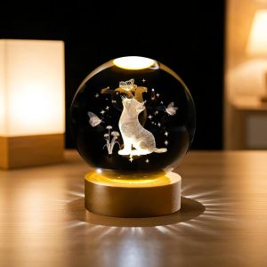 Veilleuse Boule De Cristal 3d, Boule De Cristal Veilleuse 3d Grav&eacute;e En Forme De Chat Mignon, Lampe De Nuit Boule De Verre Avec Led Base En Bois, Pour Amoureux Des Chats, D&eacute;coration De Chambre - Neuf