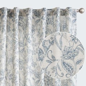 Chenquansarl-Lot De 2 Panneaux De Rideaux Semi-Transparents En Lin À Imprimé Floral Bleu Rustique De 213,4 Cm De Long Avec Pattes Arrière Pour Salon, Chambre À Coucher ¿ Rideaux Rétro Campagnards Ave - Neuf