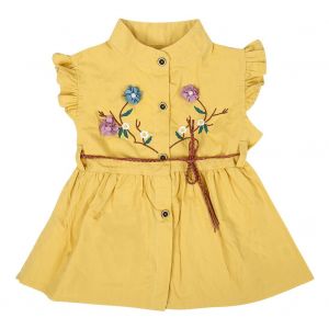 Robe Bebe Enfant Mignonne A Volants Et Fleurs Brodees, Sans Manches, Col Rond, Printemps-Ete (Jaune 100) - Neuf