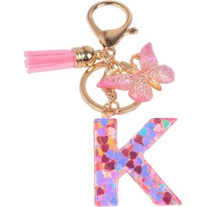 KAL-Nom Lettre Initiale Porte-Clés, Pompons Papillon Monogramme Porte-Clés, Rose - Neuf