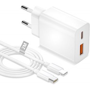 Chargeur Phone Rapide avec Cable Lightning 2M Apple MFi Certifi&iquest;&iquest;, 2-Port Double Chargeur USB C 20W Prise Secteur USB C Prise Phone Charger for Phone 14/13 Pro Max/12 Mini/11/X/XR/XS/8 Plus/SE/iPad - Neuf