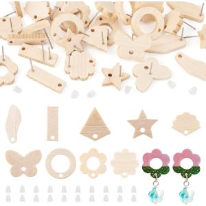 Kal-Pandahall Lot De 36 Fermoirs De Boucles D'oreilles Rectangulaires En Bois Avec 50 Écrous Rectangulaires En Forme De Fleur, Papillon, Étoile Pour La Fabrication De Bijoux - Neuf