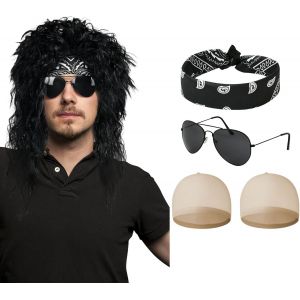 Trahoo-Aomig Accessoires De Déguisement Rocker Des Années 70, 80, 90 Avec Perruque, 2 Pièces Cap De Perruque, Bandana Pour Fête À Thème, Carnaval, Taquiné - Neuf