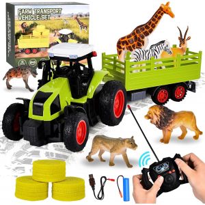 RC Tracteur T&eacute;l&eacute;command&eacute; Enfant 3-6 Ans, Voiture Jouet Avec Remorque, 6 Faune et Botte de Foin - Cadeau de No&euml;l Pour Enfants - Neuf