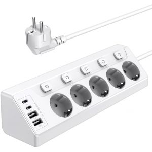 Prise Plan de Travail Cuisine, Multiprises avec 2 Ports USB A et 2 Ports USB C, Multiprise 5 Prises avec Interrupteur, Rallonge &Eacute;lectrique 2m pour Meuble, Canap&eacute;, Bureau, Table - Neuf