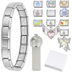 Eryi-13 Pièces Ensemble De Bracelet De Charme Italien | 1 Bracelet Breloque Italienne + 10 Modules Amovibles + 1 Outils D'ouverture + 1 Coffret Cadeau Charms Dans Le Style Italien Pour Femme - Neuf