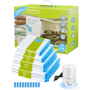 lbgwp60-Lot De 10 Sacs Sous Vide Pour Vêtements Avec Pompe À Air Électrique ¿ 3 Jumbo, 3 Grands, 2 Moyens, 2 Petits, Fermeture Éclair, Transparents Pour Voyage, Déménagement, Rangement De Couettes - Neuf