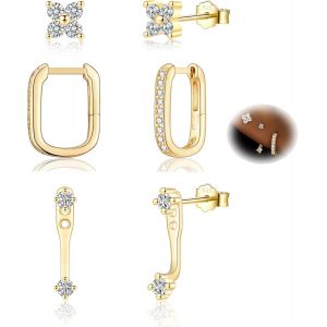 Kal-Lot De 3 Paires De Boucles D'oreilles En Forme De Tr&egrave;fle &Agrave; Quatre Feuilles, Couleur Dor&eacute;e, Zircone Cubique - Neuf