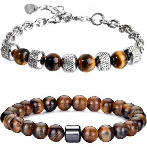 Eryi-Bracelets En Perles Bracelet En Acier Inoxydable Pour Hommes Bracelet De Perles En Pierre Naturelle 8mm Bracelet 2 Pcs Bracelet Extensible En Chaîne Perlée De Cristal Pour Hommes - Neuf