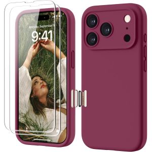 LORANKA-4 en 1 Coque iPhone 17 Pro Silicone avec Bouton de Contr&ocirc;le Cam&eacute;ra, avec 2 Verre Tremp&eacute;, 360&deg; Protection &Eacute;tui Pr&eacute;cise R&eacute;sistant aux Rayures Antid&eacute;rapant Phone Case 6.3"", Vin Rouge - Neuf