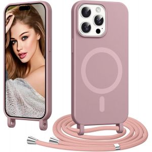 JGD-pour iPhone 15 Pro avec Cordon, [Compatible avec MagSafe] Magn&eacute;tique Coque Ultra Mince Souple TPU Silicone &Eacute;tui Housse avec Collier Lanyard Lani&egrave;re en Corde Case Camera Antichoc, Rose - Neuf