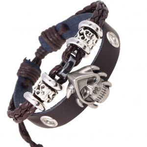 Bracelet Unisexe Style Vintage, Double Couche, En Cuir De Vache, Motif Tete De Mort, Ajustable (Marron) - Neuf