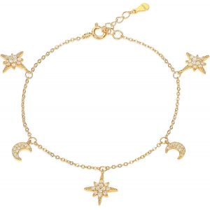 Meimie-Bracelet Breloque En Lune Et Etoile Pour Femme Et Jeune Fille En Argent 925,Bracelet Femme Avec Breloques En Lune Et Etoiles Avec Pierres,Bracelet Femme Argent,Or Jaune Ou Or Rose - Neuf
