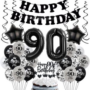 Noir D&eacute;co 90 Ans Anniversaire Homme, Ballon 90 Ans Anniversaire Noir Gris, Decoration Anniversaire 90 Ans Homme Femme, D&eacute;co G&acirc;teau 90 Ans Anniversaire Noir, 90 Ans Ballons Homme Femme Noir - Neuf