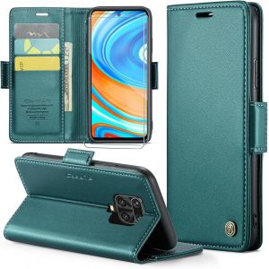 Kal-Coque Pour Xiaomi Redmi Note 9s/Redmi Note 9 Pro+ 2 Pi&egrave;ces Verre Tremp&eacute;,Antivol,Prend En Charge Le Chargement Sans Fil, Pochette Fermeture Magn&eacute;tique Flip Case-Bleu-Vert - Neuf
