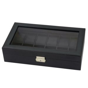 Regarder La Boîte Avec 10 Slots, Verre De Montre Avec Un Couvercle, Une Montre Boîte De Présentation Avec Amovible Regarder Oreillers, Fermoir Métal, Idée Cadeau, Noir - Neuf