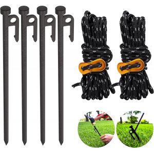 Yemaesre-Lot De 4 Piquets De Tente Robustes De 30,5 Cm Avec Haubans En Corde De Camping, Piquets De Cour Pour Auvent, Piquets De Camping Pour Sol, Piquets De Tente, Têtes De Clous Renforcées Épaisses - Neuf