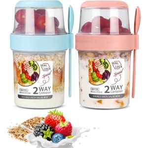 LETNERNY-2 En 1 Coupe De Yaourt, Pot Yaourt Avec Cuillère,Tastes À Céréales À Yaourt,Gobelets À Céréales Double Couche 310+560M (Pink+Blue¿310Ml+560Ml) - Neuf