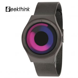 Montre A Quartz Geekthink Sans Aiguilles, Bracelet En Acier Inoxydable, Boitier Rond, Montre-Bracelet Noire Et Rouge Tourbillonnante - Neuf